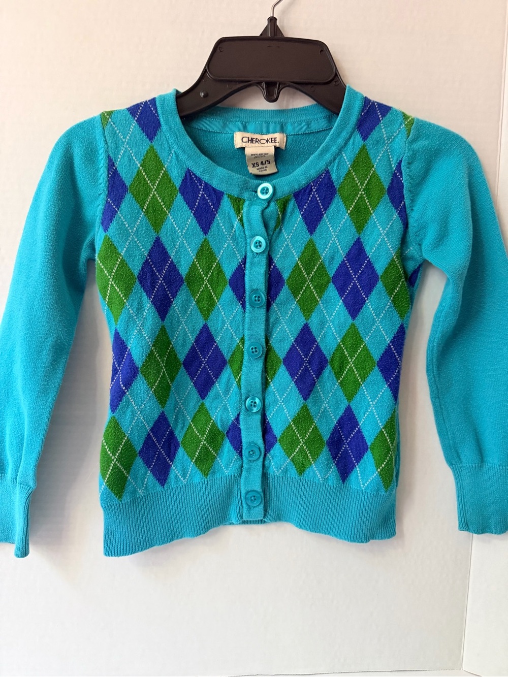 Cherokee Turquoise Argyle Button-Up Cardigan with Blue & Green Diamonds